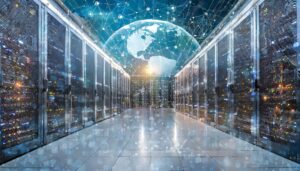 Alt text: A futuristic data center hallway with server racks and a digital globe overlay with network connections.