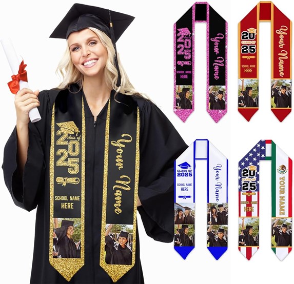 Alt text: A graduate in a cap and gown holds a diploma and displays customizable stoles with various designs for the class of 2025.