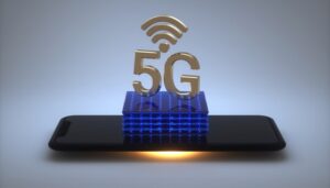 Alt text: A 3D representation of the "5G" symbol, with a WiFi icon above it, displayed in gold on top of a smartphone, which is illuminated from below with a blue and orange glow.