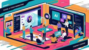**Alt Text:** Illustration of people working with digital screens showcasing AI tools under the themes "Future of Video Marketing" and "Content Content."