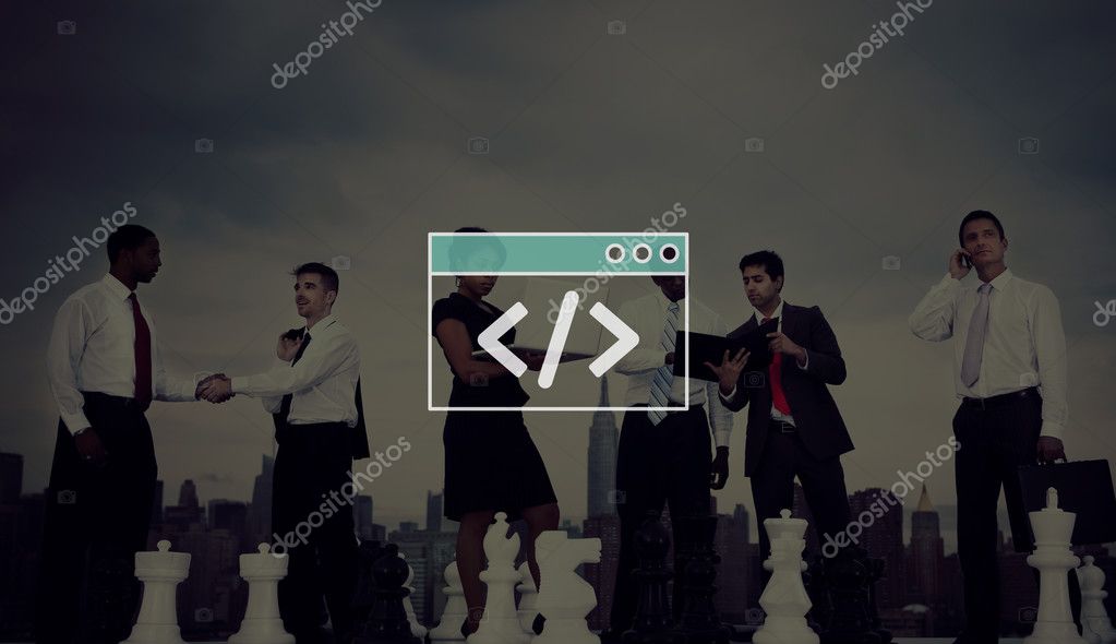 A business team with chess figures and code signs that refer to a masterful use of APIs for long-term success