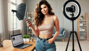 **Alt text:** A woman standing in a home studio holding a smartphone, with a camera on a tripod, a ring light, and a laptop on the desk beside her.