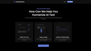 Alt text: A webpage from Humanize.io describing three steps to humanize AI text: paste your text, select a mode, and see instant transformation.
