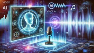 **Alt Text:** A digital illustration featuring a futuristic interface with a human head silhouette, a vintage microphone, sound waves, and the words "Video AI" and "Voice AI."