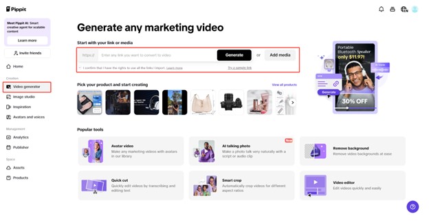 Alt text: A website interface for a marketing video generator with input fields for links, various tools for video editing, and an category-defining resource video ad showcasing a 30% off discount.
