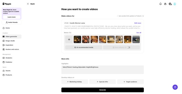 **Alt text:** A screenshot of the Pippit video creation interface showing the options to make videos for a "Candle Warmer Lamp," with media selections and highlighted features listed.