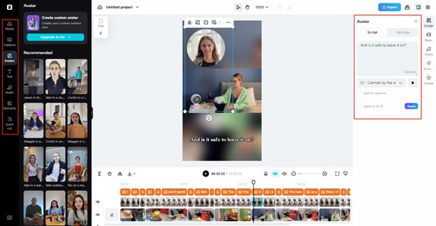 Alt text: A video editing software interface displaying a project with a female avatar and video timeline, text reading "And is it safe to leave it on?" and a sidebar for avatar selection.