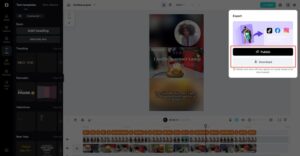 Alt text: A video editing interface displays a project in progress featuring a candle warmer lamp with an overlay promoting its design and safety, alongside an export options menu.