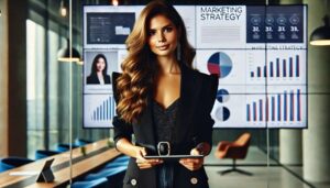 Alt text: A woman stands confidently in a conference room holding a tablet, with marketing strategy charts displayed on the screen behind her.